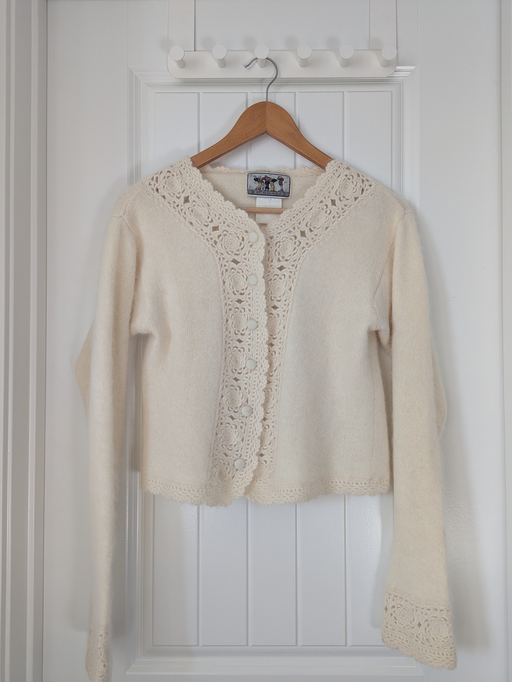 Vintage Cream Crochet Detail Knit Cardigan Sweater Fluffy Cozy M